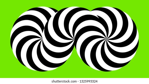 Infinity symbol of interlaced circles. Impossible shape on color background. Optical illusion with striped lines. Black white stripes of circle.