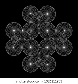 Infinity symbol of interlaced circles. Impossible shape with white stroked lines on black background.