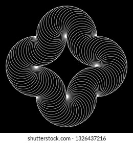 Infinity symbol of interlaced circles. Impossible shape with white stroked lines on black background.