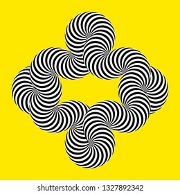 Infinity symbol of interlaced circles. Impossible shape on color background. Optical illusion with striped lines. Black white stripes of circle.