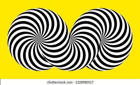 Infinity symbol of interlaced circles. Impossible shape on color background. Optical illusion with striped lines. Black white stripes of circle.