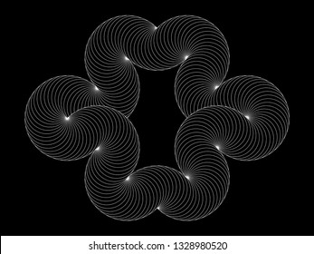 Infinity symbol of interlaced circles. Impossible shape with white stroked lines on black background.