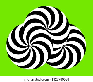 Infinity symbol of interlaced circles. Impossible shape on color background. Optical illusion with striped lines. Black white stripes of circle.