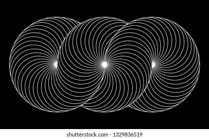 Infinity symbol of interlaced circles. Impossible shape with white stroked lines on black background.