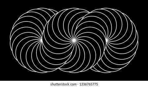 Infinity symbol of interlaced circles. Impossible shape with white stroked lines on black background.