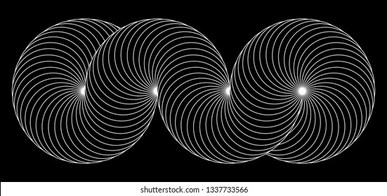 Infinity symbol of interlaced circles. Impossible shape with white stroked lines on black background.