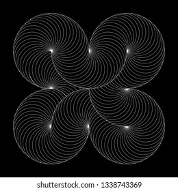 Infinity symbol of interlaced circles. Impossible shape with white stroked lines on black background.
