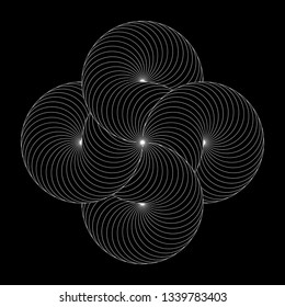 Infinity symbol of interlaced circles. Impossible shape with white stroked lines on black background.