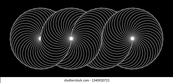 Infinity symbol of interlaced circles. Impossible shape with white stroked lines on black background.