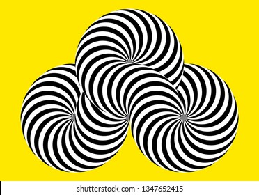 Infinity symbol of interlaced circles. Impossible shape on color background. Optical illusion with striped lines. Black white stripes of circle.