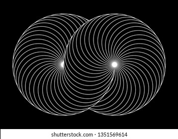 Infinity symbol of interlaced circles. Impossible shape with white stroked lines on black background.