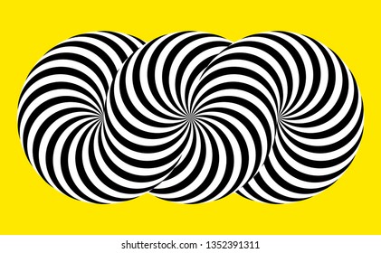 Infinity symbol of interlaced circles. Impossible shape on color background. Optical illusion with striped lines. Black white stripes of circle.