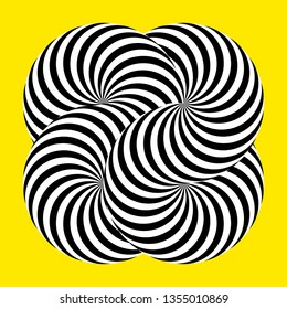 Infinity symbol of interlaced circles. Impossible shape on color background. Optical illusion with striped lines. Black white stripes of circle.