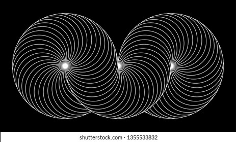 Infinity symbol of interlaced circles. Impossible shape with white stroked lines on black background.