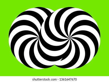 Infinity symbol of interlaced circles. Impossible shape on color background. Optical illusion with striped lines. Black white stripes of circle.