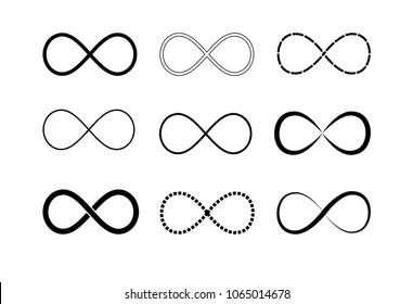 Infinity symbol logos set. Black contours. Symbol of repetition and unlimited cyclicity. Vector illustration isolated on white background