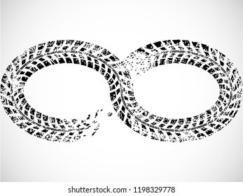 Infinity symbol . Looped Vector Print Textured Tire Track .Grunge Design Element . Bike thread silhouette
