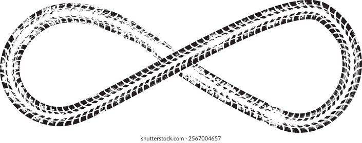 Infinity symbol . Looped Vector Print Textured Tire Track .Grunge Design Element . Bike thread silhouette