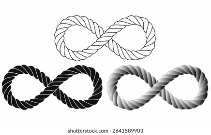 Infinity symbol made of twisted rope in outline, solid black, and gradient styles. Perfect for logos, tattoos, nautical themes, or symbolic vector decorations.