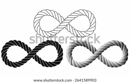 Infinity symbol made of twisted rope in outline, solid black, and gradient styles. Perfect for logos, tattoos, nautical themes, or symbolic vector decorations.