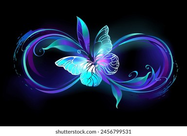 Infinity symbol with magical, purple glowing butterfly with transparent wings, on black background. Glowing butterfly.