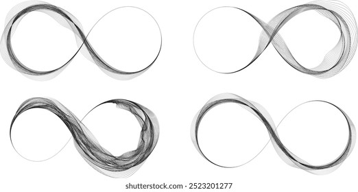 Infinity Symbol .Many vector curved lines forming endless logo.Boundless icon set .Design Element .Line art .Infinite shape .Eternal Logo .  Infinity icon. Vector eternity symbol. Limitless logos set.