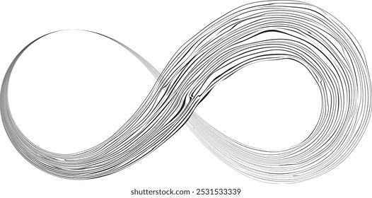 Infinity Symbol . Many vector curved lines forming endless logo. Limitless design element . Continuous line art . Infinite shape .Eternal Logo .  Infinity icon. Vector eternity symbol. Boundless sign.