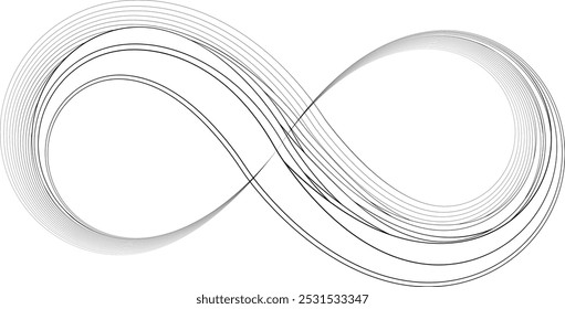 Símbolo Infinito . Muitas linhas curvas vetoriais formando logotipo infinito. Elemento de projeto ilimitado . Arte em linha contínua . Forma infinita .Eternal Logo .  Ícone Infinity. Símbolo de eternidade de vetor. Sinal sem limites.