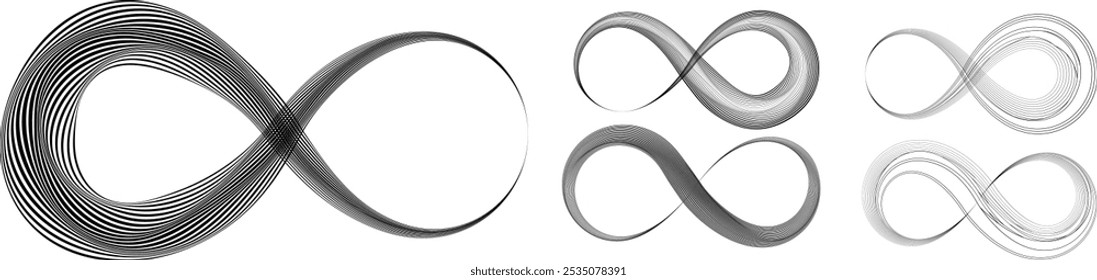Infinity Symbol . Many vector curved lines forming endless logo. Limitless design element . Continuous line art . Infinite shape .Eternal Logo .  Infinity icon. Vector eternity symbol. Boundless sign.