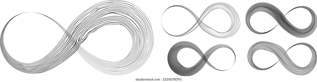 Infinity Symbol . Many vector curved lines forming endless logo. Limitless design element . Continuous line art . Infinite shape .Eternal Logo .  Infinity icon. Vector eternity symbol. Boundless sign.
