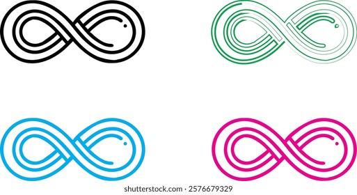 infinity symbol, minimalist design, clean lines, geometric shape, multiple colors, black blue green pink, simple illustration, mathematical concept, endless loop, symmetrical pattern, vector graphic, 