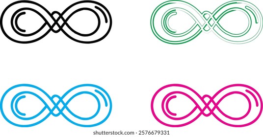 infinity symbol, minimalist design, clean lines, geometric shape, multiple colors, black blue green pink, simple illustration, mathematical concept, endless loop, symmetrical pattern, vector graphic, 