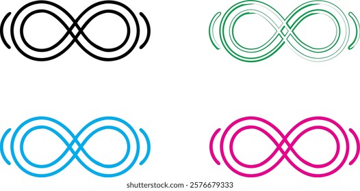 infinity symbol, minimalist design, clean lines, geometric shape, multiple colors, black blue green pink, simple illustration, mathematical concept, endless loop, symmetrical pattern, vector graphic, 