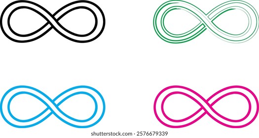 infinity symbol, minimalist design, clean lines, geometric shape, multiple colors, black blue green pink, simple illustration, mathematical concept, endless loop, symmetrical pattern, vector graphic, 