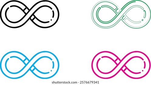 infinity symbol, minimalist design, clean lines, geometric shape, multiple colors, black blue green pink, simple illustration, mathematical concept, endless loop, symmetrical pattern, vector graphic, 