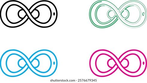 infinity symbol, minimalist design, clean lines, geometric shape, multiple colors, black blue green pink, simple illustration, mathematical concept, endless loop, symmetrical pattern, vector graphic, 