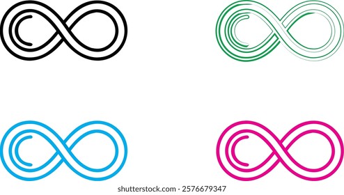 infinity symbol, minimalist design, clean lines, geometric shape, multiple colors, black blue green pink, simple illustration, mathematical concept, endless loop, symmetrical pattern, vector graphic, 