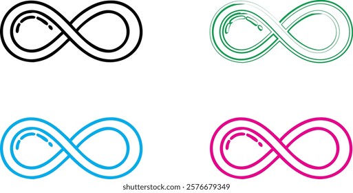 infinity symbol, minimalist design, clean lines, geometric shape, multiple colors, black blue green pink, simple illustration, mathematical concept, endless loop, symmetrical pattern, vector graphic, 