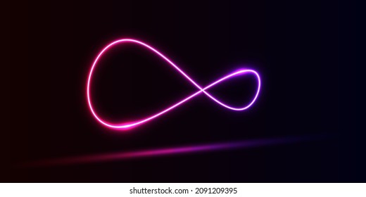 Infinity symbol neon render in pink and purple with dark background and its reflection.