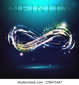 Infinity symbol at night sky background. Drawing linear decorative illustration. Modern logo presentation.