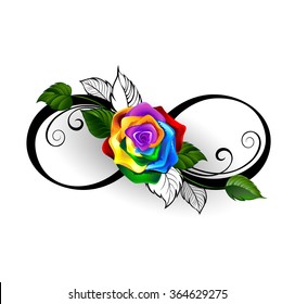 Infinity symbol with rainbow rose on white background.