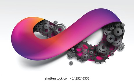 Infinity symbol with realistic black gears and cogs inside, implies working, system, continuous, endless. EPS10, VECTOR, Illustration