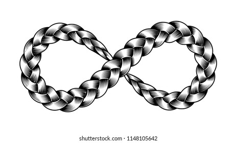 Infinity symbol of ribbon plait vector illustration. Simple black ribbon braid. Pigtail bracelet. Isolated endless abstract symbol on black background. Limitless eight strip for prit or web design.