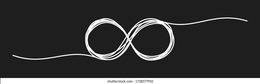 Infinity symbol scribble hand drawn with thin line, chalkboard effect on black background. Vector illustration.