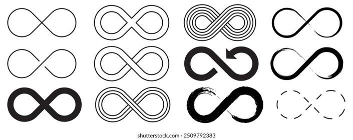 Infinity symbol set editable stroke isolated on white background. Vector hand drawn abstract minimal element. Infinite loop icon. Eternal or endless sign in outline and brush stroke or ink style.