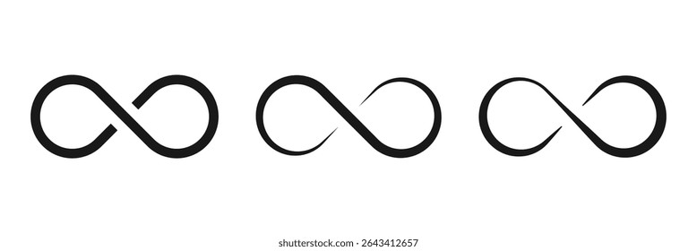 Infinity symbol set editable stroke isolated on white background. Vector hand drawn abstract minimal element. Infinite loop icon. Eternal or endless sign in outline and brush stroke or ink style.