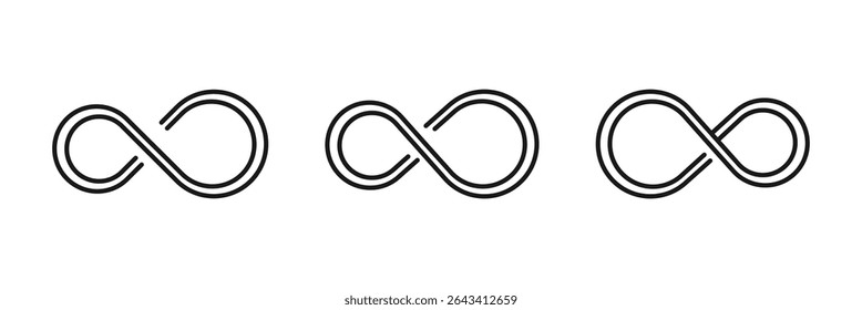 Infinity symbol set editable stroke isolated on white background. Vector hand drawn abstract minimal element. Infinite loop icon. Eternal or endless sign in outline and brush stroke or ink style.