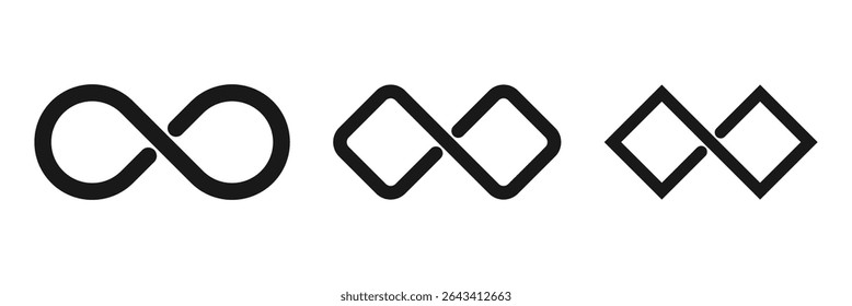 Infinity symbol set editable stroke isolated on white background. Vector hand drawn abstract minimal element. Infinite loop icon. Eternal or endless sign in outline and brush stroke or ink style.
