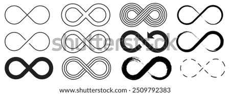 Infinity symbol set editable stroke isolated on white background. Vector hand drawn abstract minimal element. Infinite loop icon. Eternal or endless sign in outline and brush stroke or ink style.