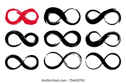 Infinity symbol set. Eternal, limitless emblem. Black mobius ribbon silhouette. Modern grunge brush stroke. Cycle, endless concept. Graphic design element for card, logo, tattoo. Vector illustration